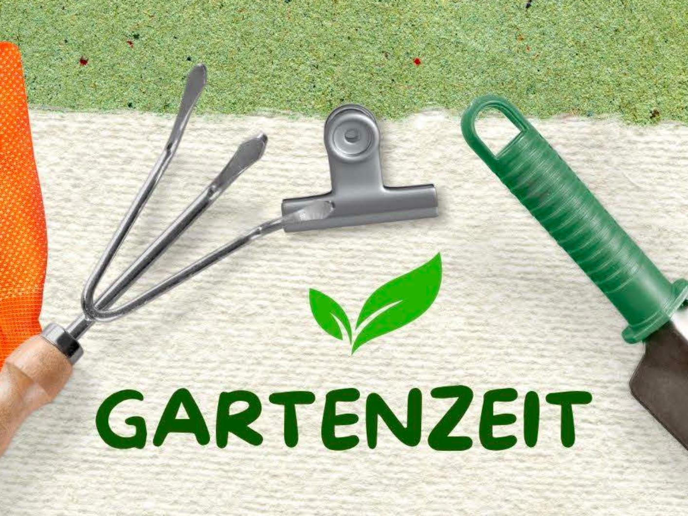 Plakat zur Gartenzeit am Mittwochmorgen mit einem Rahmen aus Handschuh, Rechen, Schaufel, Gießkanne und einem wachsenden Pflänzchen (c) Team Gemeinschaftsgarten Plakat zur Gartenzeit am Mittwochmorgen mit einem Rahmen aus Handschuh, Rechen, Schaufel, Gießkanne und einem wachsenden Pflänzchen